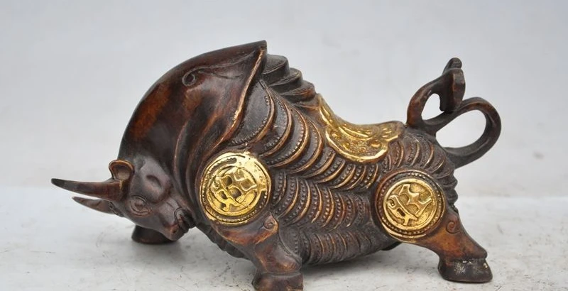 

8"chinese fengshui bronze gilt Wall Street wealth money coin ruyi Ox bull statue