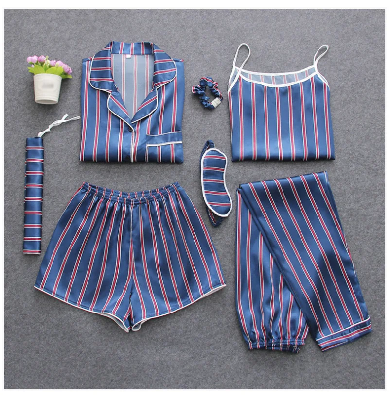 Satin Sleepwear Sexy Pyjamas Pijamas Women Pajamas Sets Slik Sleep Lounge 7 Pieces Nightwear Ladies Pajama Suit Indoor Clothing for women (15)