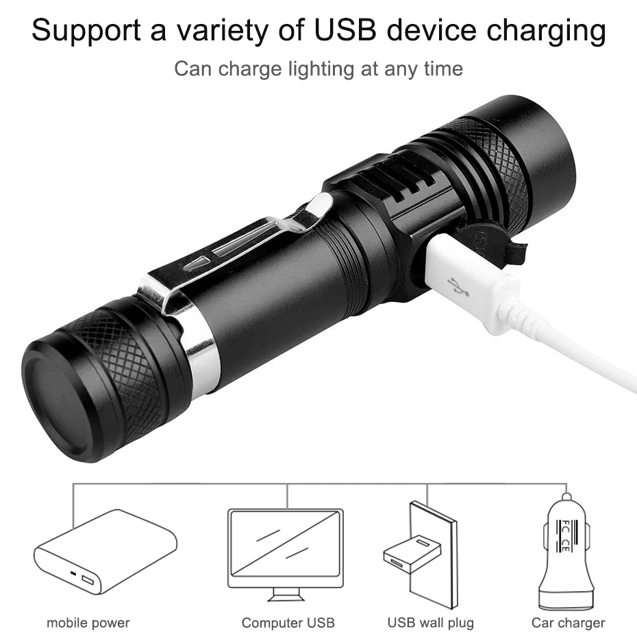 Водонепроницаемый USB T6 тактический светодиодный фонарь лампа зум фокус заряжаемый мини-светодиод вспышка фонарь для наружного использования