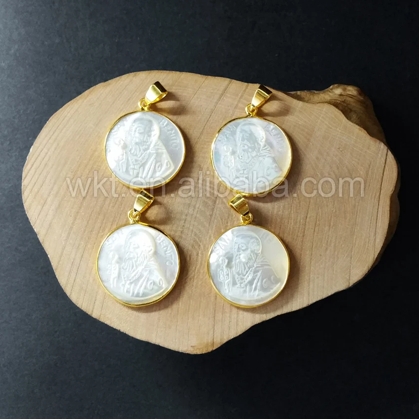 

WT-P873 Holy White Handcarve Shell Pendant natural shell with carved round pendant for Necklace in 24k Gold Trim Unique Design