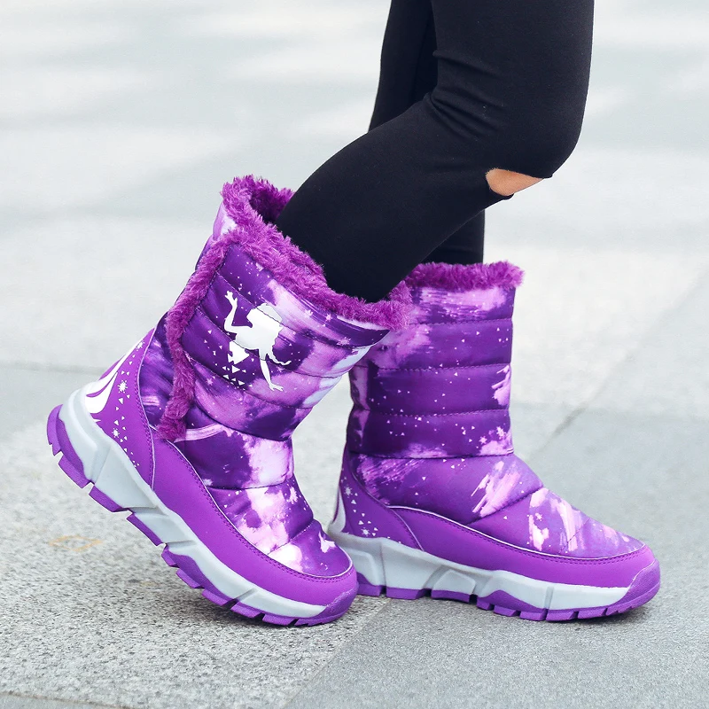 

Mudipanda purple Winter Boots For Girls Flat TPR Anti-Slippery Kids Snow Boots Waterproof Leather Warm Suede Children Shoes