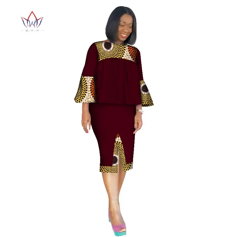 Африканская одежда для женщин Анкара комплект из двух предметов с длинными рукавами укороченные топы и юбка набор женщин Базен Riche африканская одежда 6XL WY2571