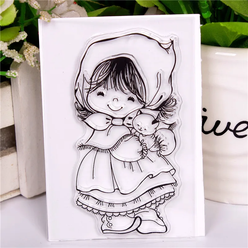 

up to date Rubber Silicone Clear Stamps for Scrapbooking Tampons Transparents Seal Background Stamp Card Making Diy Cat girl