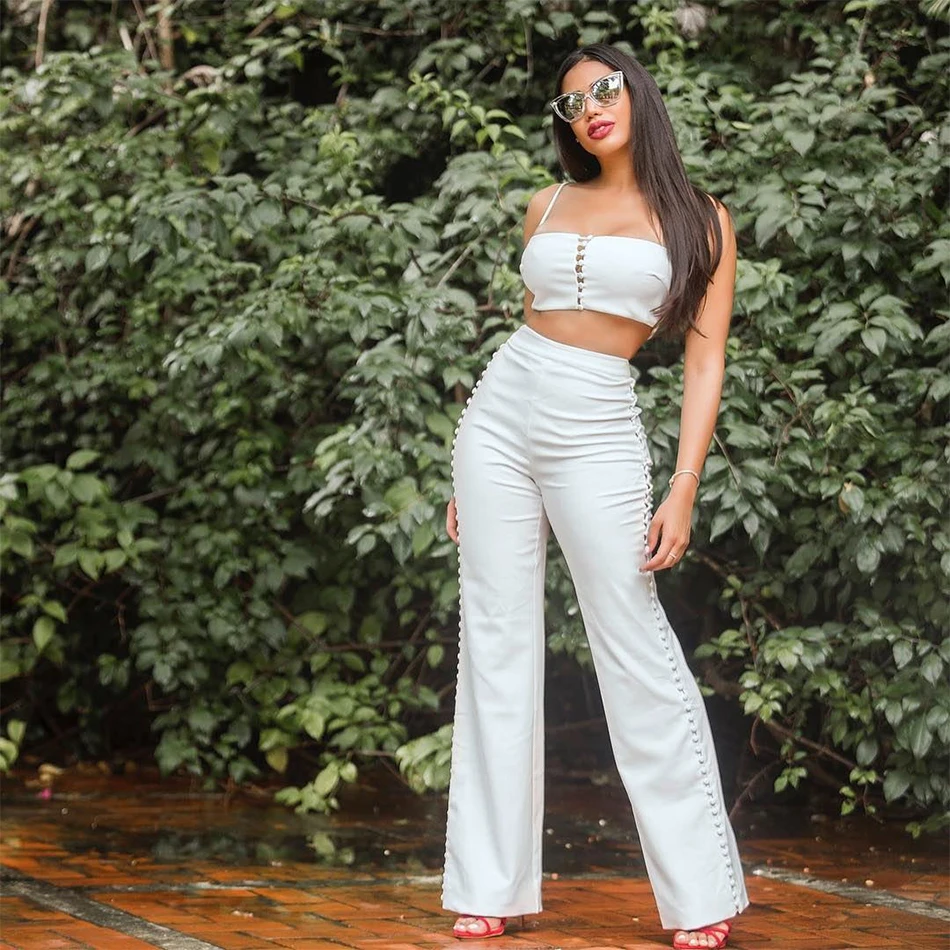 

Adyce 2019 New Summer White Fashion Celebrity Evening Party Dress Sexy Sleeveless Spaghetti Top & Pants 2 Two Pieces Club Sets