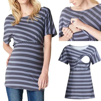 

Women Pregnancy Breastfeeding Clothes Womens Clothing Pregnant Nusring Maternity O-Neck Short Sleeve Tops Stripe Clothes Blouse