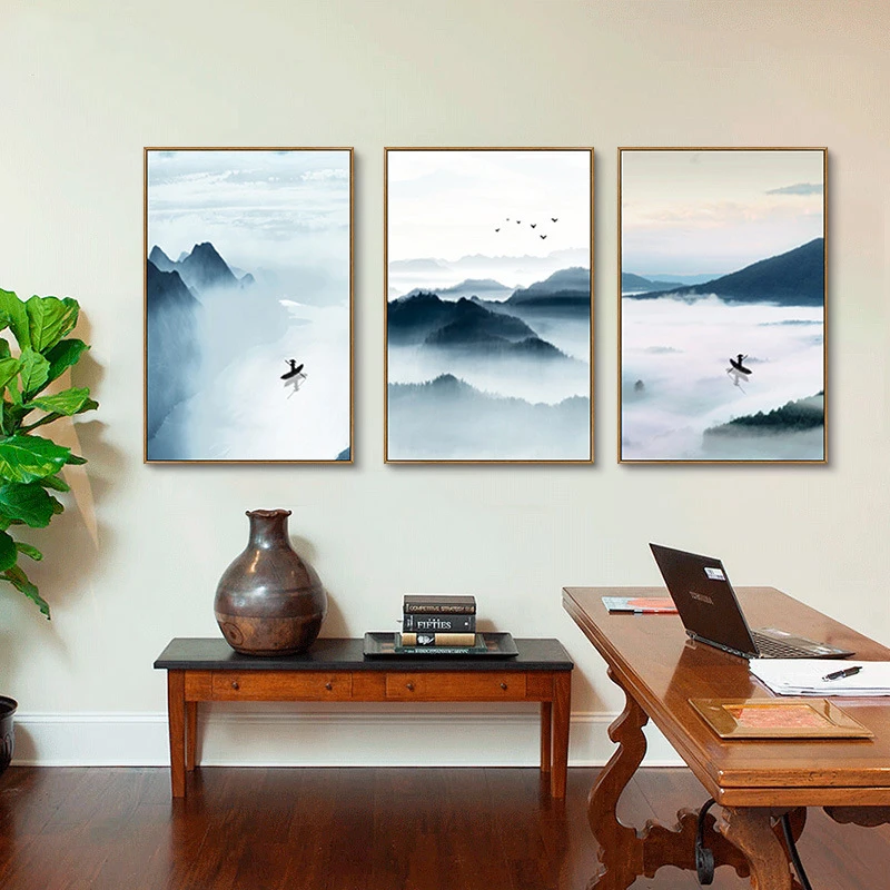 

Traditional Chinese Water Ink Style Landscape Hill Cloud Abstract Art Poster Canvas Painting Wall Picture for Living Room Decor
