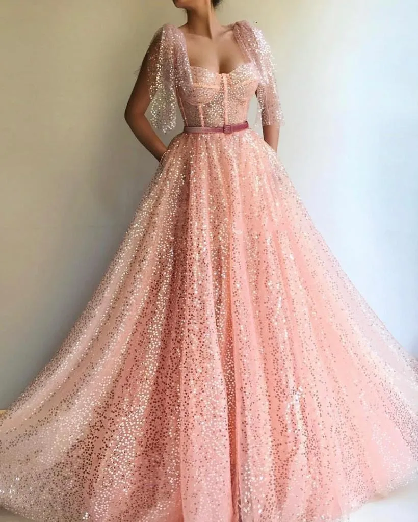 

Pink Muslim Evening Dresses 2019 Sparkle Sequin Formal Islamic Dubai Saudi Arabic Long Prom Evening Gown
