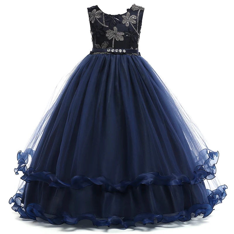 Retail Embroidery Flower Pattern Elegant Teenage Girls Evening Prom Party Dress Ruffled Noble Girls Wedding Long Dress LP-76 100%real luxury light grey flower leaf embroidery slash collar ruffled long medieval dress victorian cosplay seashore photoshoot