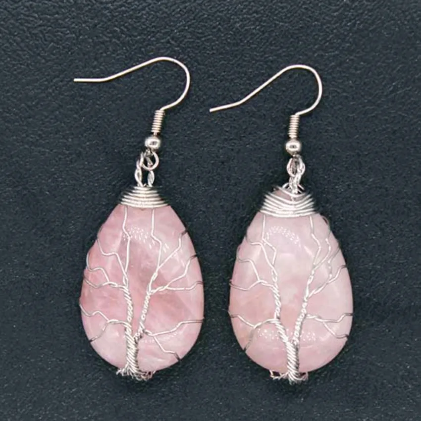 

Kraft-beads Silver Plated Wire Wrap Water Drop Natural Rose Pink Quartz Earrings For Female Jewelry