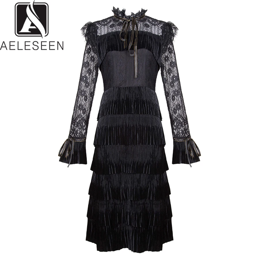 

AELESEEN Fashion Runway Dress 2019 Women 's Spring vestidos New Elegant Knee-Length Black / Green Lace Velvet Pleated Dress