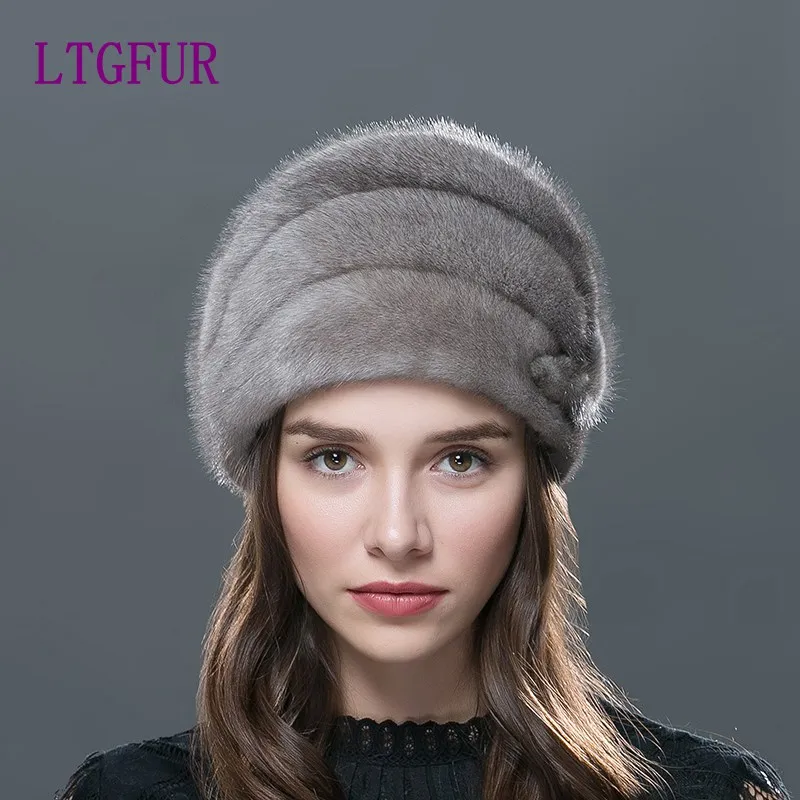LTGFUR Women's Hats Whole Mink Fur Hat Female Knit Beanie Woman Winter