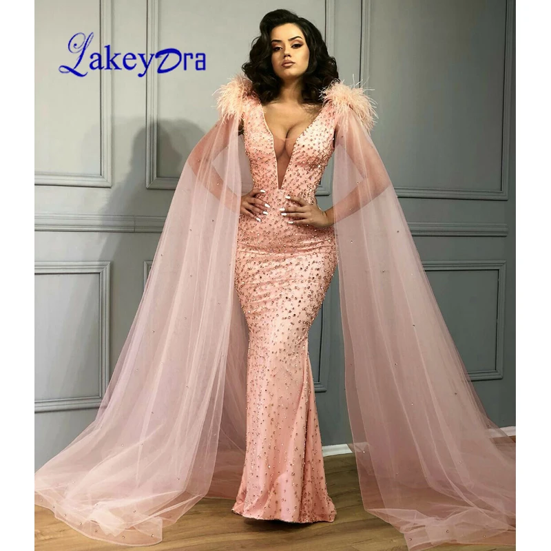 

Lakeydra Mermaid Evening Dresses Deep V-Neck Pink Satin with Sequins Sleeveless Zipper Back Sexy Trumpet Evening Gowns
