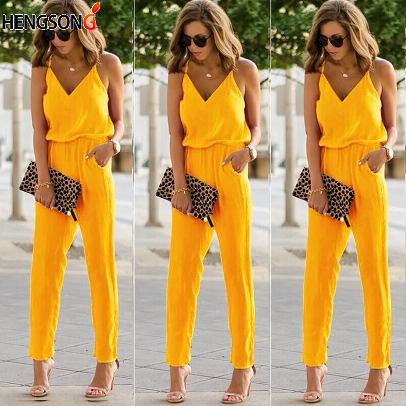 

Blue Yellow Women Summer Spaghetti Strap Jumpsuits 2018 New Beach Casual Sleeveless V Neck Rompers Female Streetwear Jumpsuits
