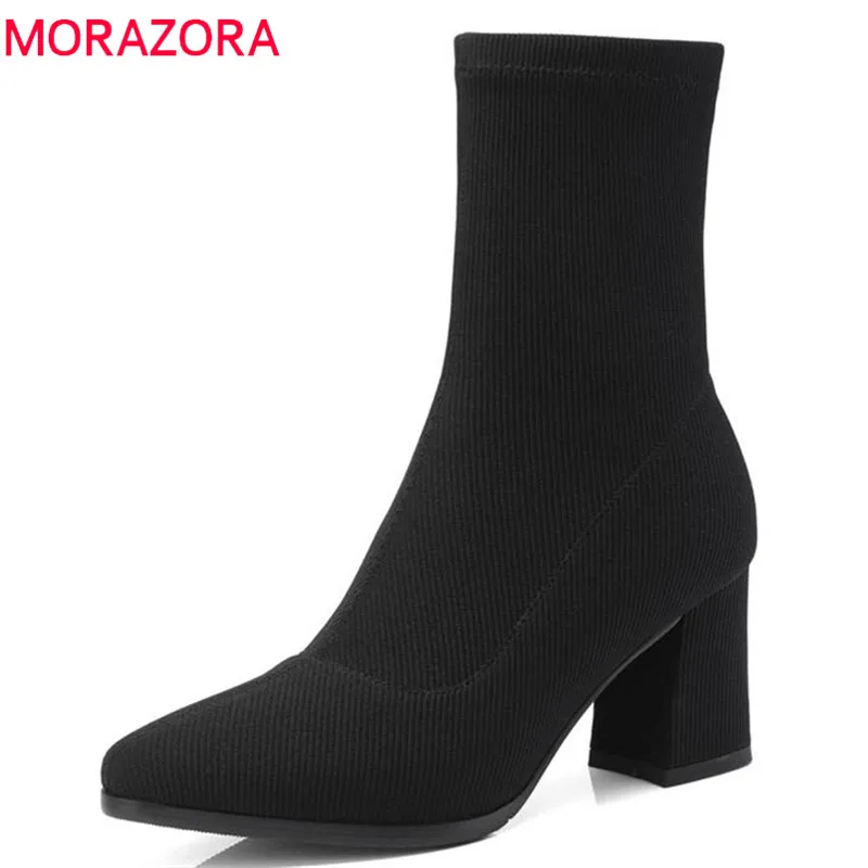 

MORAZORA 2018 new arrival ankle boots for women pointed toe slip on Stretch socks boots autumn winter fashion high heels shoes