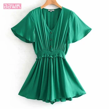 

2019 new solid color temperament V-neck flared sleeve elastic waist with ruffled summer seaside holiday jumpsuit