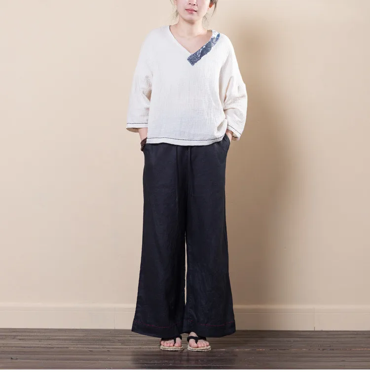 LZJN Women Culottes Wide Leg Pants 2019 Summer Long Trousers Elastic Waist Pockets Solid 5 Colors 100% Linen Pants Loose Bottoms (36)