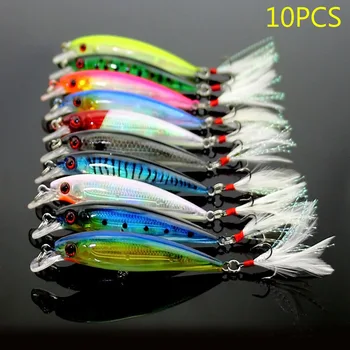 

10 Pcs Fishing Lure Minnow Wobblers Bait Tackle Artificial Baits Crankbait with Feather Hooks 9cm B2Cshop