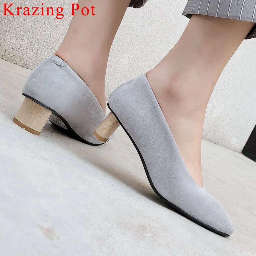 

Krazing Pot elegant lady wood med heels natural leather square toe slip on European movie stars dress wedding women pumps L21