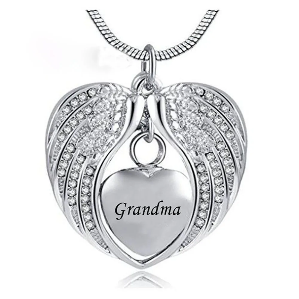 Crystal Charm Angel Wing Hold Heart Cremation Urn Necklace -Engraving Mom/Dad/Son Keepsake Memorial Jewelry for ashes