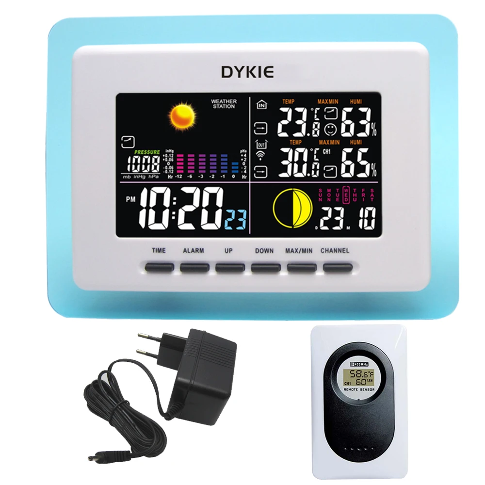 

DYKIE RF RCC Wireless Weather Station with Indoor Outdoor Thermometer Hygrometer Barometer Digital Alarm Clock Power Adapter