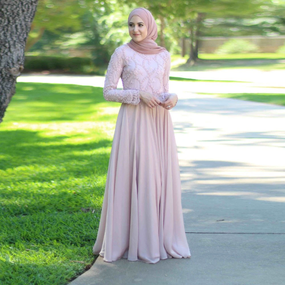 Pink Chiffon Full Sleeves Muslim Prom Dresses A Line Dubai font b Hijab b font Evening