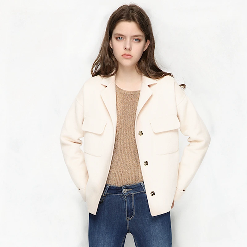

Jacket Women Short Coat 90% Wool Loose Design Turn-down Collar Double-breasted Pockets 4 Colors Plus Size 2018 New Fashion