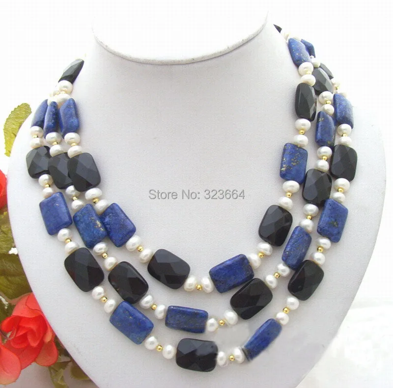 

Beautiful 3Strds Black Lapis&White Pearl Necklace