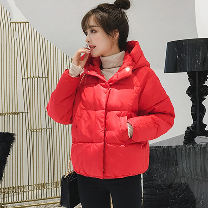 Корейский стиль, женская зимняя куртка, с капюшоном, на пуговицах, хлопковое Стеганое пальто, короткая верхняя одежда, парка