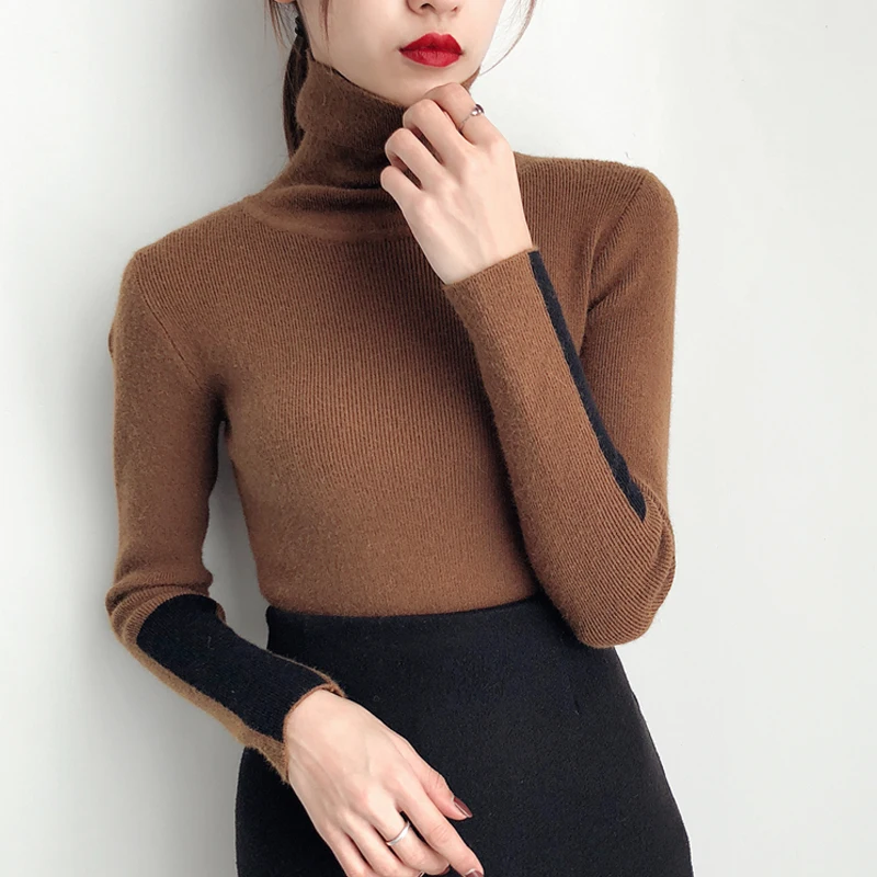2018 Новая мода Половина корейский для женщин вязаный свитер тонкий лепесток воротник рубашка эластичный дна водолазка твист пуловер