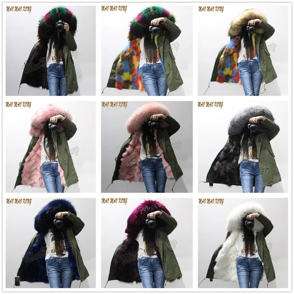 Женская камуфляжная куртка с воротником из натурального меха енота теплая парка