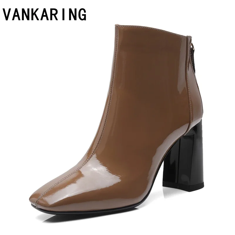 

VANKARING autumn fashion genuine leather ankle boots for women 2018 square high heels shoes woman black winter boots women shoes