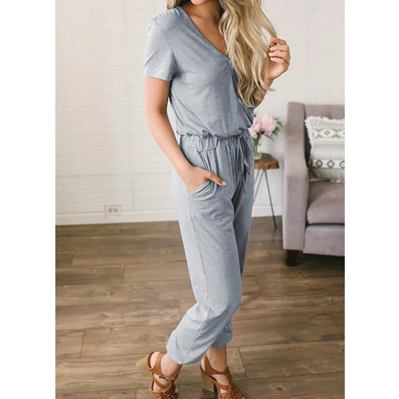 

Sexy Plus Size Pockets Drawstring Summer Casual Women Jumpsuits Overalls Short Sleeve V-Neck Female Romper Office Work GV035