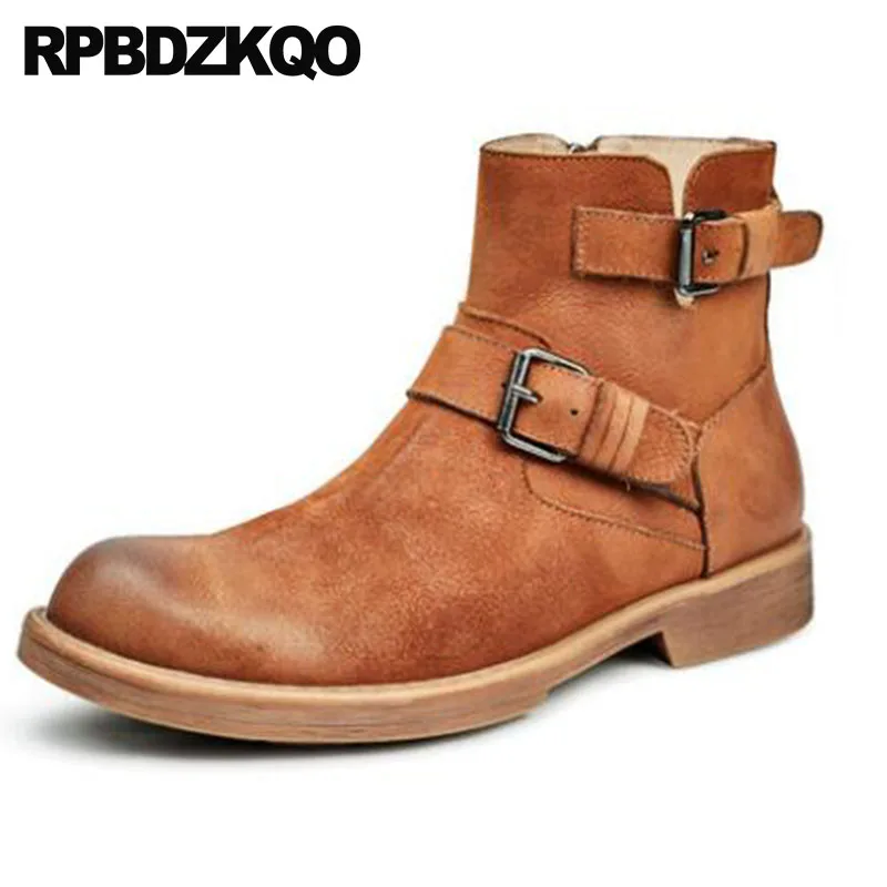 

Autumn Zipper 2018 Brown Fashion Shoes Ankle Luxury Booties Vintage Motorcycle Boots Fall Full Grain Leather Men Round Toe Short
