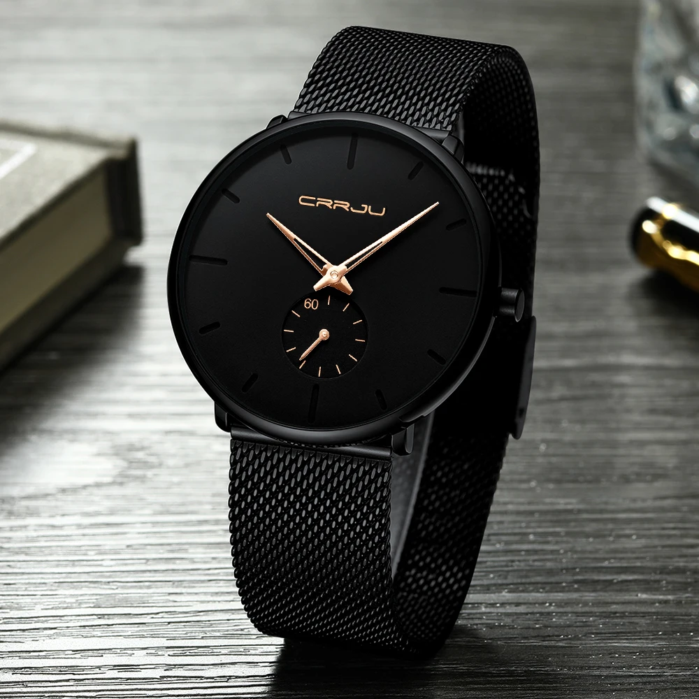 CRRJU Mens Watches Top Brand Luxury Black Quartz Men Watch Drop Shipping Mesh Strap Casual Sport Male Relogio Masculino 2150