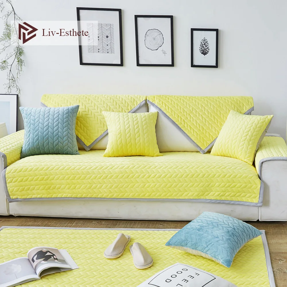 

Liv-Esthete Luxury Velvet Yellow Sofa Cover Euro Nordic Living Room Corner Sofa Cover Single Double Sizes Combination Slipcovers