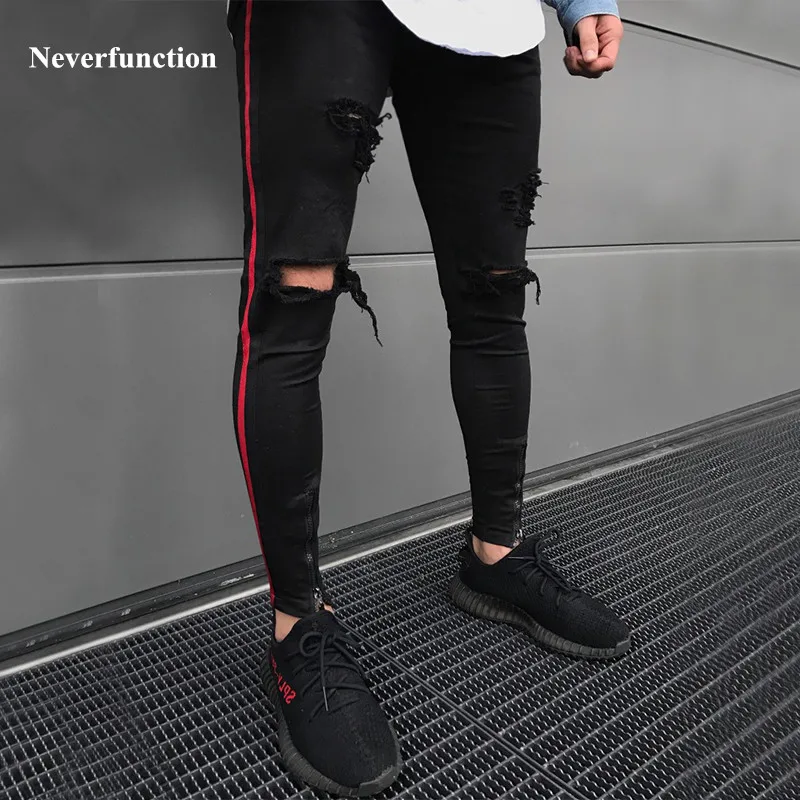 Men HIP HOP skinny motorcycle denim pants Ankle zipper designer black jeans mens pantalones vaqueros hombre Biker jeans men