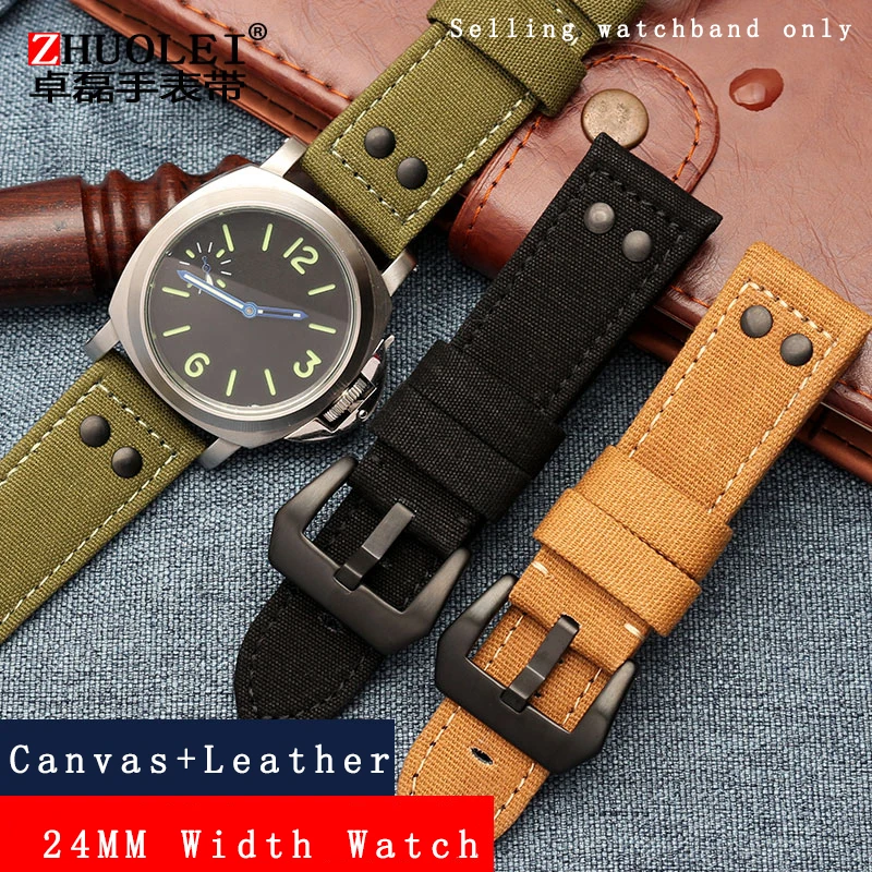 

Canvas Leather Watch Belt Replacement Large Chain Rivet Men's 24mm fit for DZ7262 DZ7334 or PAM 111 359 or LUX 8831