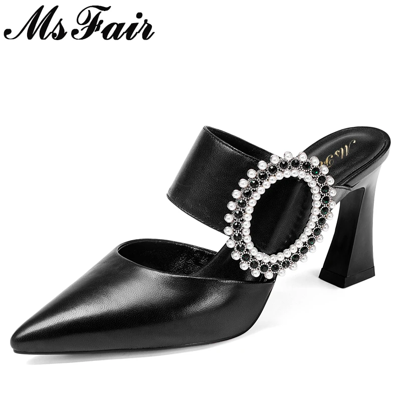 

MsFair Pointed Toe Square heel Sandals Women Fashion Pearl String Bead High Heels Crystal Sandals Summer Women Sandals Shoes
