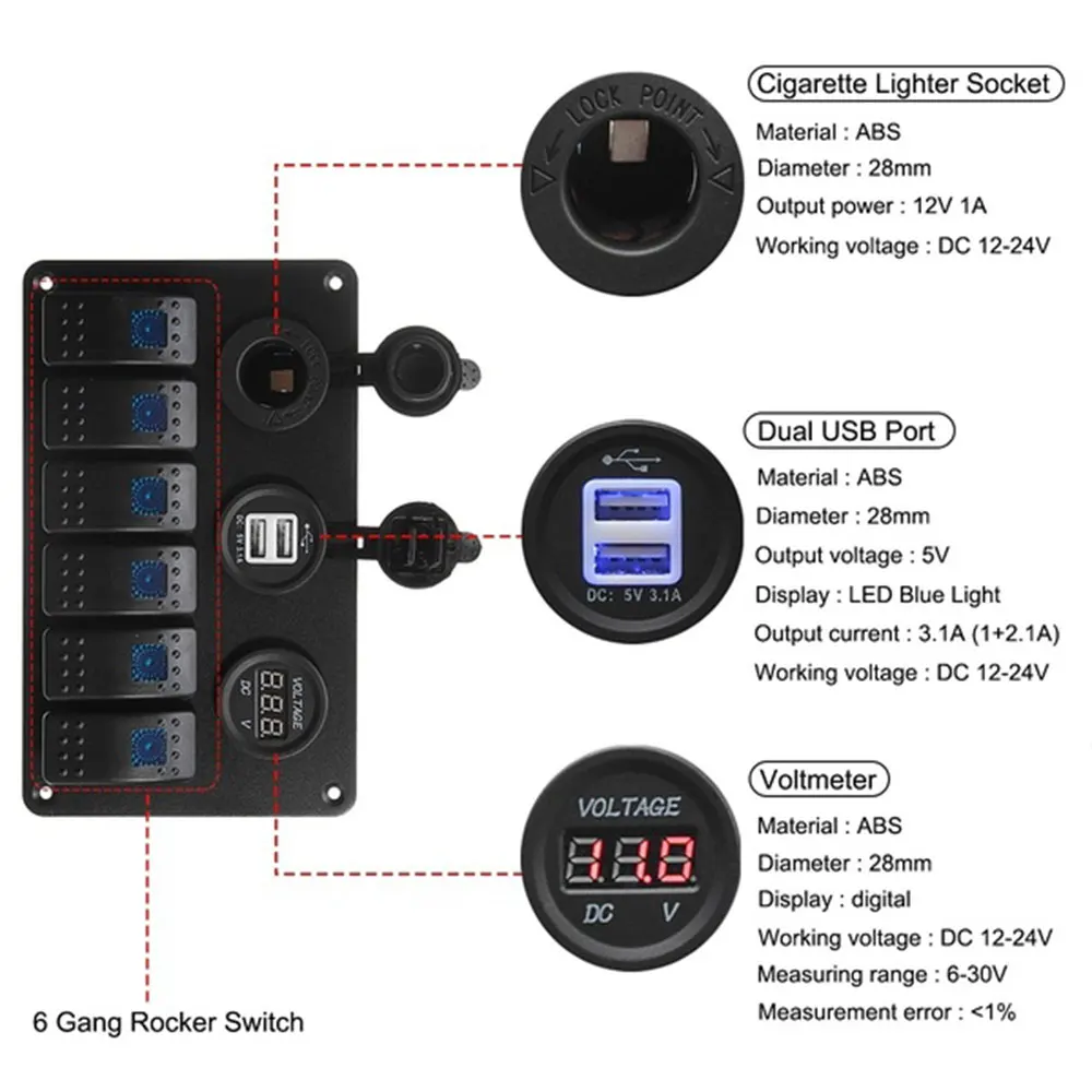 Переключатель 6 банд автомобильный переключатель панель грузовик двойной USB прочный светодиодный караван