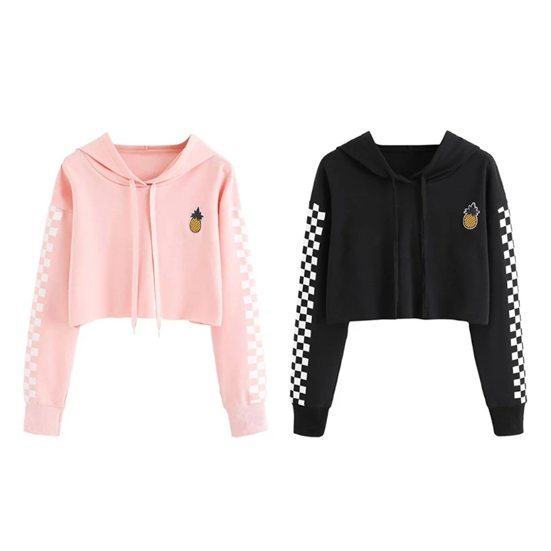 

Women Sweatshirt Pineapple Embroidered Plaid Long Sleeve Hoodies Pullover Crop