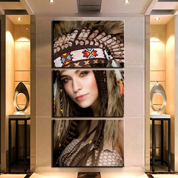 

Canvas Painting Wall Art Decor 3 Pieces Native tribe warrior beauty woman Pictures Modular Living Room HD Print Poster Framework