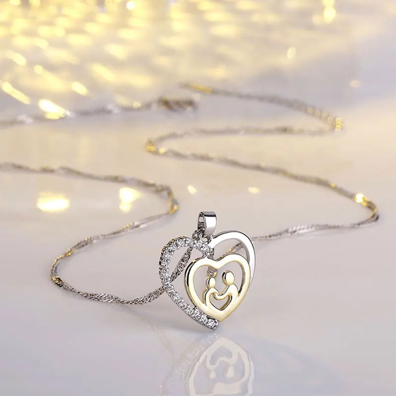 CHUKUI Mother Baby Heart Charm Pendant Family Love Cubic Zirconia Heart-shaped Pendant Necklace For Mothers Day Gift (3)
