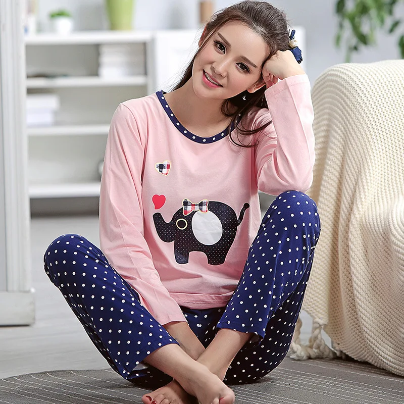 Women Elephant Printing Pajama Sets 100 Cotton Sleepwear pijamas muje homewear M L XL XXL home