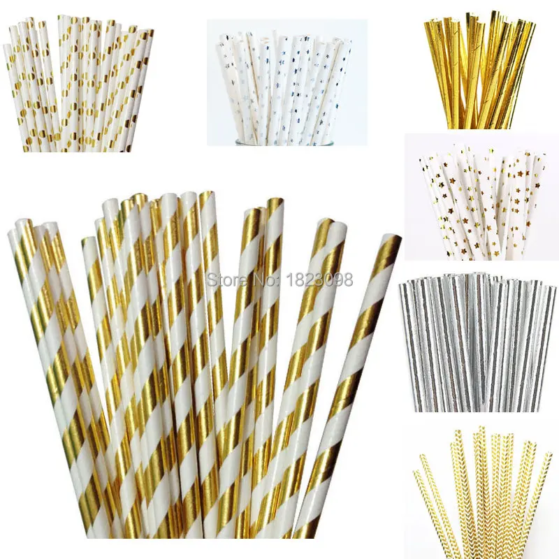 

25pcs/lot Foil Gold /Silver Design Paper Straws Drinking Straws for birthday wedding decorative party event supplies