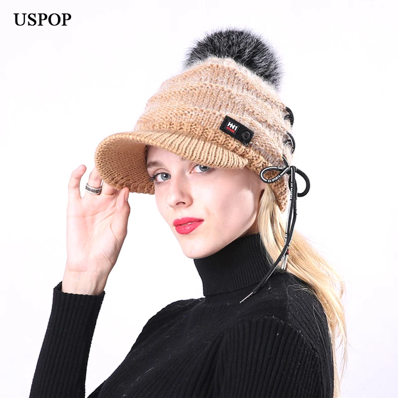 

USPOP 2018 new winter velvet thick warm hat women fashion lace-up letter knit baseball cap female casual pompom visor cap