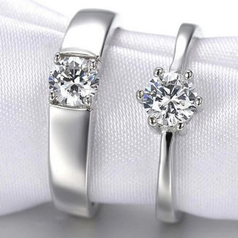 Mossovy Zircon Adjustable Silver Couple Wedding Rings for Women and Male Fashion Rhinestone Engagement Ring for Men for Female