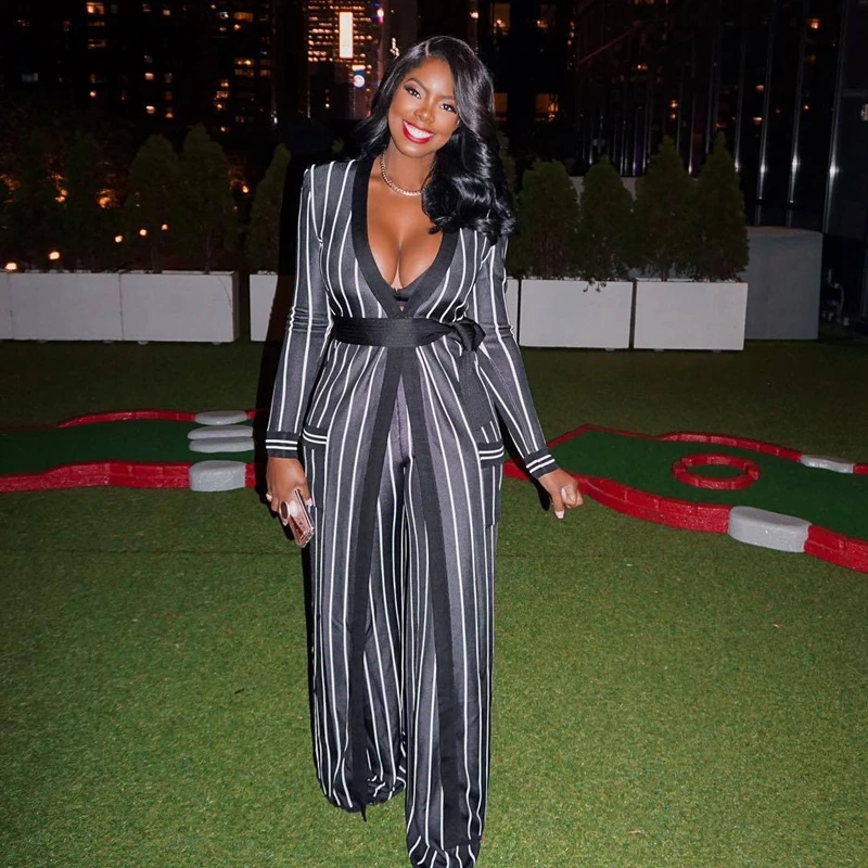 

Black White Vertical Striped Two Piece Set Women Long Sleeve Maxi Coat And Wide Leg Pants Suits Casual Sashes 2 Piece Tracksuit