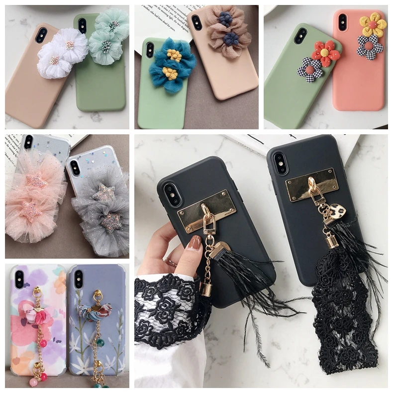 For iPhone X Case Luxury Handmade Jewelry Lace Strap Design for Girl Phone Cover 3D Fabric Flower Soft TPU 8 7 Plus 6 Back Shell |