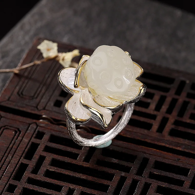 Новое натуральное Нефритовое 925 пробы Серебряное кольцо для женщин, элегантное регулируемое серебряное кольцо белого лотоса, хорошее ювелирное изделие