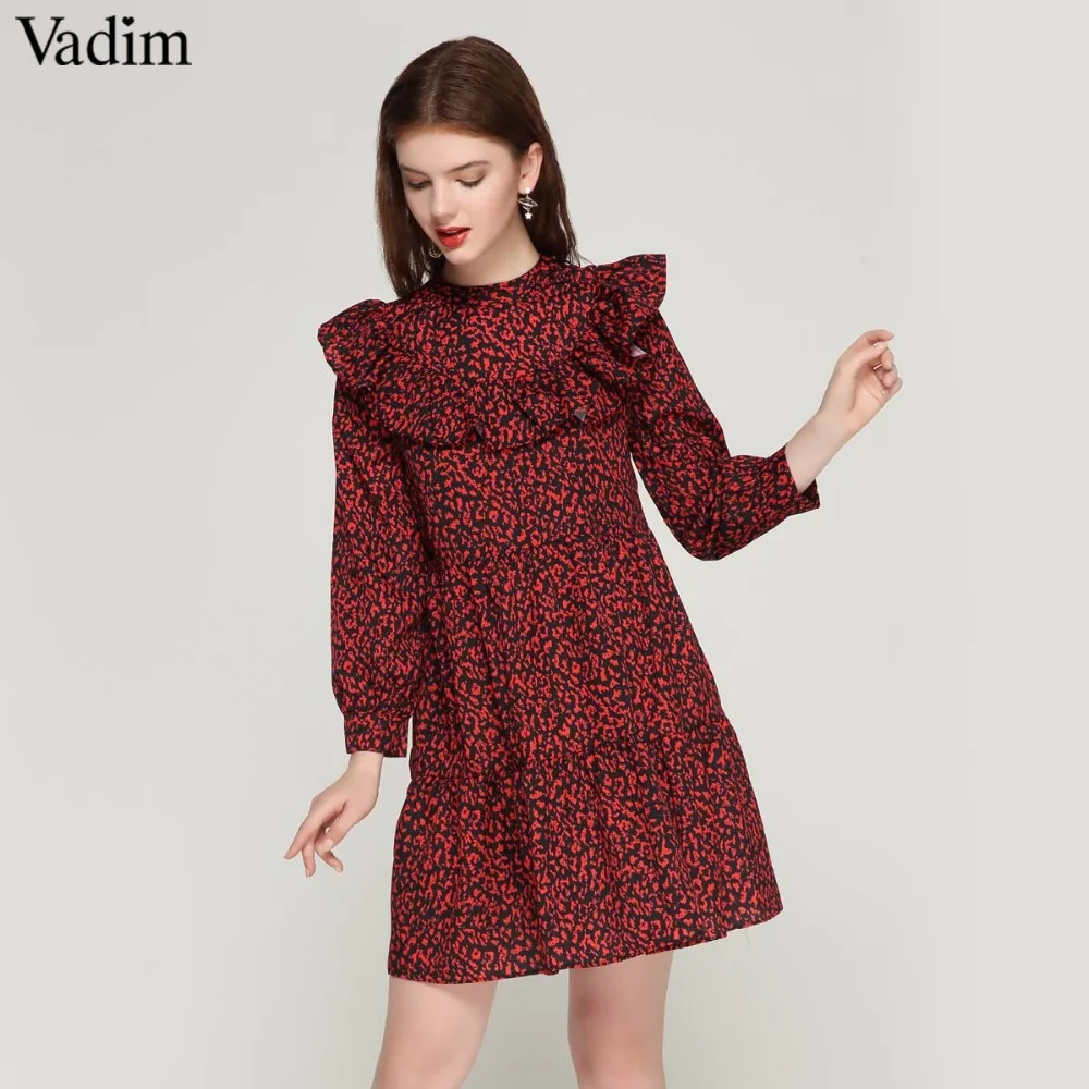 Vadim, женское винтажное леопардовое платье, милое, с оборками, с длинным рукавом, с круглым вырезом, плиссированное, женское, повседневное, прямое платье, vestidos QA456